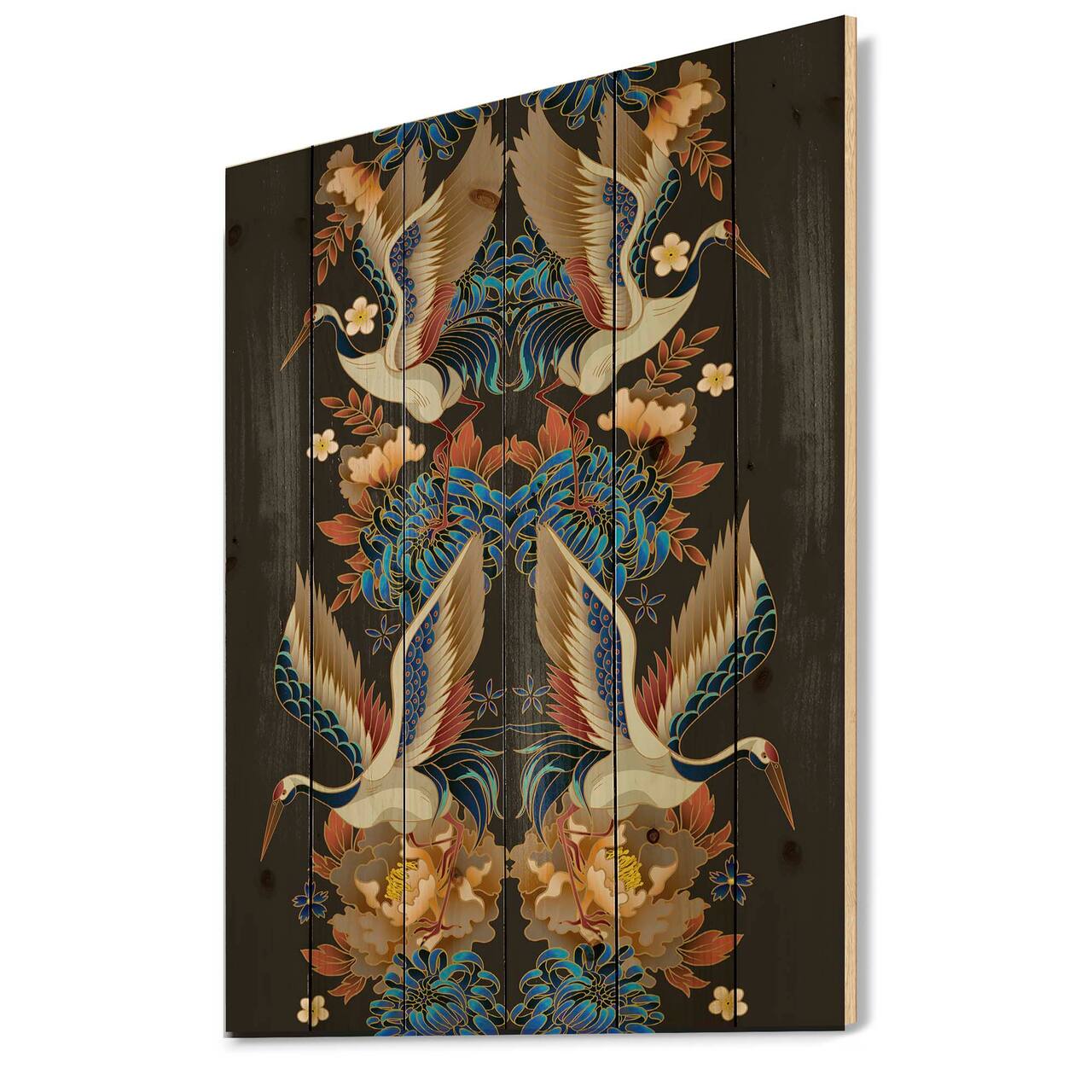 Designart - Chinoiserie With Birds and Peonies IX - Traditional Print on Natural Pine Wood